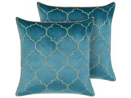 Set of 2 Velvet Cushions Moroccan Pattern 45x45cm Blue