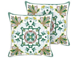 Set of 2 Cotton Embroidered Cushions Oriental Pattern 45x45cm Green