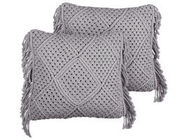 Set of 2 Cotton Macrame Cushions with Tassels 45x45cm Grey