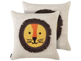 Set of 2 Cotton Kids Cushions Lion Motif 45x45cm Beige