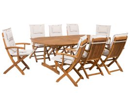 8 Seater Acacia Wood Garden Dining Set Off-white Cushions MAUI