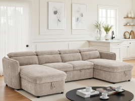 ELVAREN Fabric 4 Seater U Shaped Corner Sofa Bed - Beige