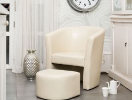 Tub Chair - ROVANZA Faux Leather Chair with Stool - Cream