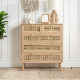 Oak Finish Rattan Chest of Drawers - CARDANO Medium Chest 5 Drawers