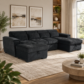 GRACELLO Fabric 6 Seater U Shaped Corner Sofa Bed - Black