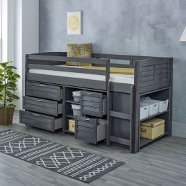 Single Bed - FOZY 3ft Cabin Bed Midsleeper with Storage Drawers and Shelves Grey - Right