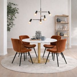 TRENTON Round White Marble Top and Gold Base Dining Table with 4 Batilda Chairs - Copper