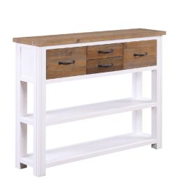 Splatter Reclaimed Wood Low Height Console Table with 4 Drawer and 2 Open Shelves - White