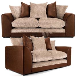 ARUBA Leather and Chenille Fabric 3 Seater and 2 Seater Scatterback Sofa Set - Brown and Beige