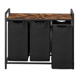BROCKWELLN 3 Section Metal Laundry Basket with Removable Liner Bags - Medium Oak with Black