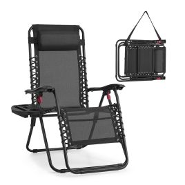 BRAMCREST Folding Zero Gravity Reclining Chair with Tray and Adjustable Headrest - Black