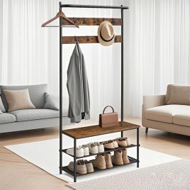 Hall Tree - TARVA Entryway Bench Coat Rack Shoe Storage - Rustic Brown