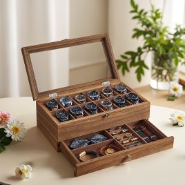 Watch Box - VERRIA 12 Slot Wood Organizer with Glass Lid - Camel Brown