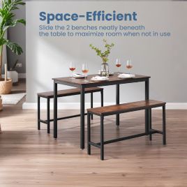 Dining Table Set - FINTTO Rustic Farmhouse Dining Set with 2 Benches - Rustic Brown