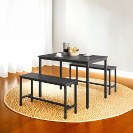 Dining Table Set - FINTTO 3-Piece Dining Set with 2 Benches - Black