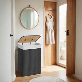 Laundry Hamper - VERRA Foldable Bamboo Basket with Lid and Handles 72L - Black