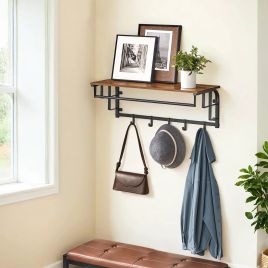 Coat Rack - VERRA Wall Mounted Clothes Rail with 5 Removable Hooks and Shelf - Rustic Brown
