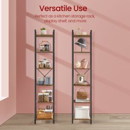Bookshelf - VERRA 6 Tier Tall Narrow Bookcase Skinny Shelf - Brown