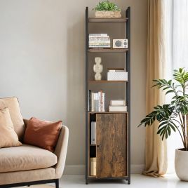 Bookcase - VERRA 6 Tier Tall Shelf with Door Adjustable Shelves - Camel Brown