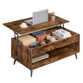 LOLEPI Lift Top Dining Table with Storage - Rustic Brown and Matte Black