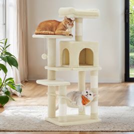 Cat Tree - MARRAE Multi Level Condo with 4 Scratching Posts and Hammock - Beige