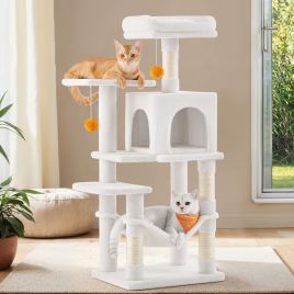 Cat Tree - MARRAE Multi Level Condo with 4 Scratching Posts and Hammock - White
