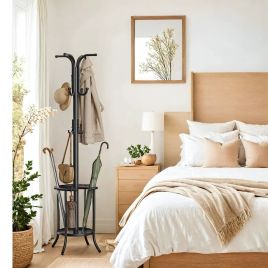 Coat Rack - ZARNIA Freestanding Metal Stand with Umbrella Holder and 12 Hooks - Black