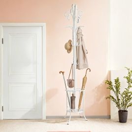 Coat Rack - ZARNIA Freestanding Metal Stand with Umbrella Holder and 12 Hooks - White