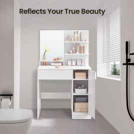 Vanity Table - ZARNIA Dressing Table With Mirror, 1 Drawer and 2 Shelves - White