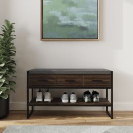 QUILO Dark Oak Shoe Bench - Medium-sized, 4 Pair Storage, 3 Drawers, Cushioned Seat, Metal Frame
