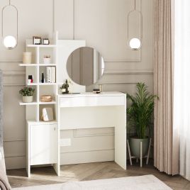 Elysian Haven White Five Tier Open Shelf Dressing Table with Round Mirror - White