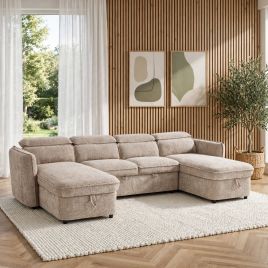 ELVAREN Fabric 4 Seater U Shaped Corner Sofa Bed - Beige