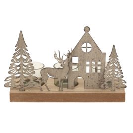 HERITAGE Rustic Metal Scene Tealight On Wood Stand With Glass Votives - Multi Colour