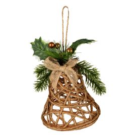 WEAVE Natural Rattan Bell Decoration With Branches And Ribbon - Brown