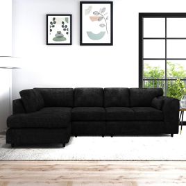 LORVANI Fabric Large 5 Seater L Shaped Fullback Corner Sofa - Black, Left Hand Facing