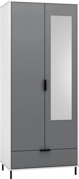 MANILA 2 Door Mirrored Wardrobe with 1 Drawer Grey and White Gloss - 81cm