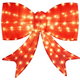 Lighted Christmas Bow Decoration with 150 Warm White LEDs - Red