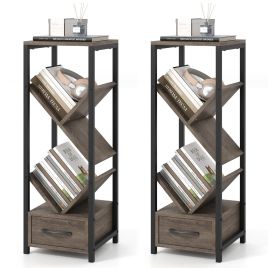 4 Tier Floor Standing Storage Organizer Tree Bookshelf with Drawer-Grey