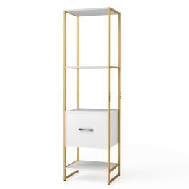 FIRICO 5-Tier Tall Narrow Bookcase Bookshelf with Drawer Shelves-White