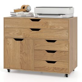 HALCRESTOR 5-Drawer Chest with Door Mobile Chest of Drawers with 5 Casters-Natural