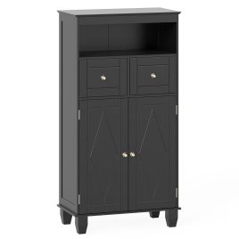 KVARO Bathroom Floor Storage Cabinet with Doors and Shelves-Black