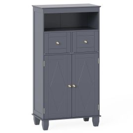 KVARO Bathroom Floor Storage Cabinet with Doors and Shelves-Gray