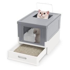 Foldable Enclosed Cat Litter Box with Lid & Dual Entry-Grey