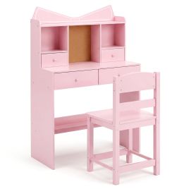 JAVOR Kids Study Desk and Chair Set with Open Shelves and Cork Bulletin Board-Pink