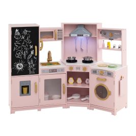 RAVELLON Corner Wooden Play Kitchen with Lights Sounds Toy Kitchen Playset-Pink