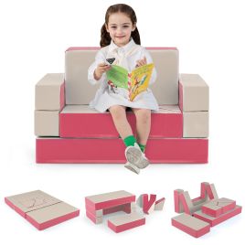 VELY 4-in-1 Convertible Foam Couch Play Set with Skin-friendly PU Leather Cover and Zippers-Pink