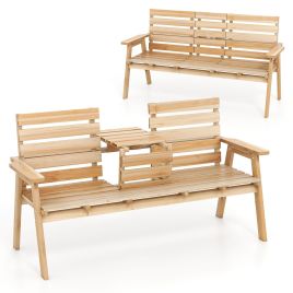 Outdoor Fir Wood Bench with Foldable Middle Table-Natural