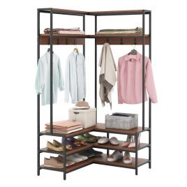 Garment Rack - L-shaped Clothes Corner Garment Rack with Open Shelves and 7 Hooks-Walnut
