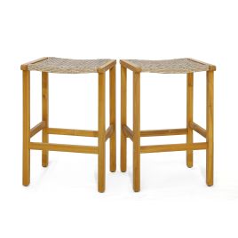 Garden Chair - 76cm Bar Height Chairs with Acacia Wood Frame and PE Wicker Saddle-Seat