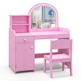 ARURXO Kids Vanity Table and Chair Set with Shelves Drawer and Cabinet-Pink